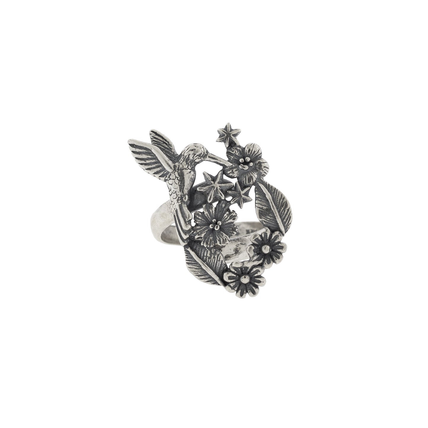 Anillo clásico de colibrí con flores y estrellas