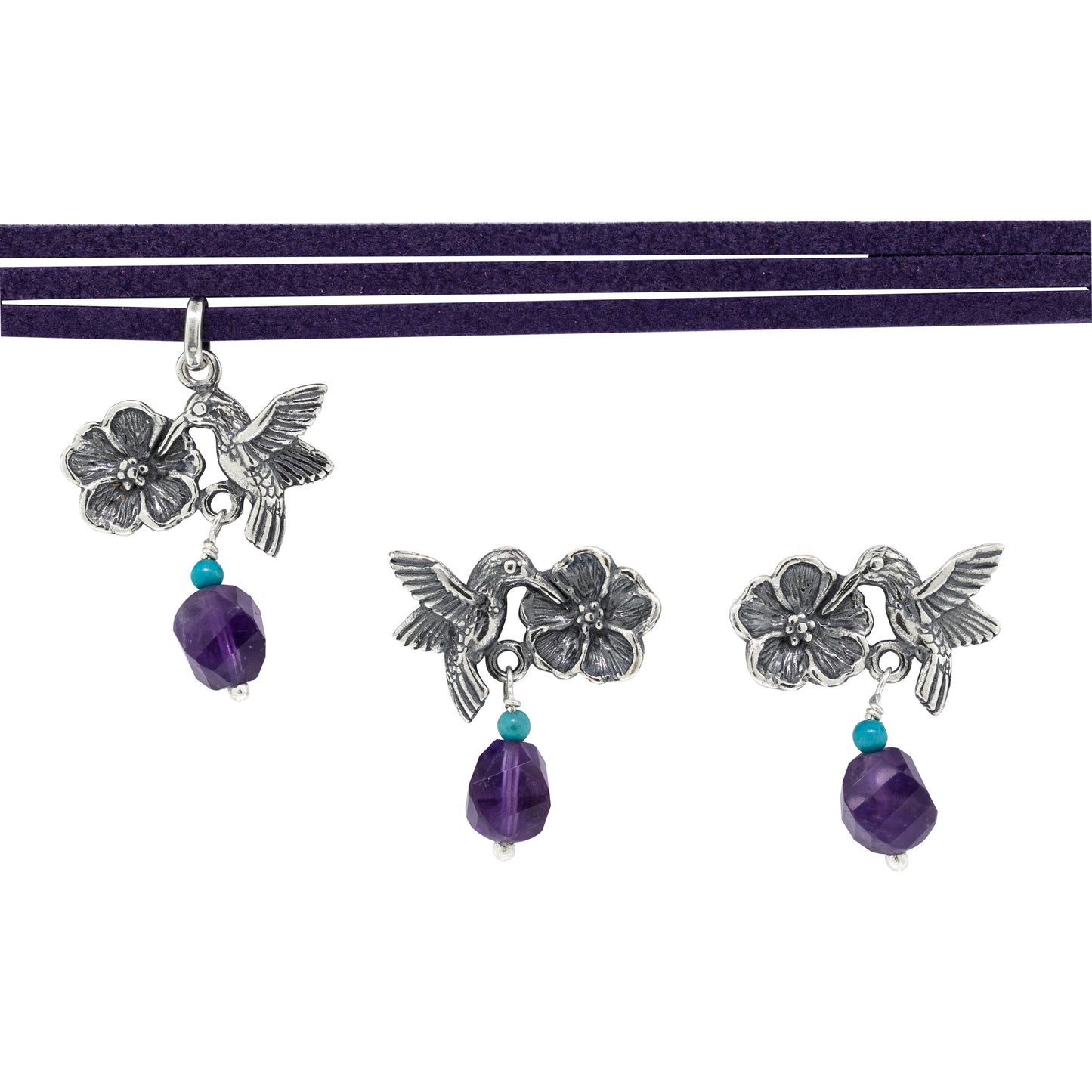 Juego de aretes y dije Colibrí con Flor