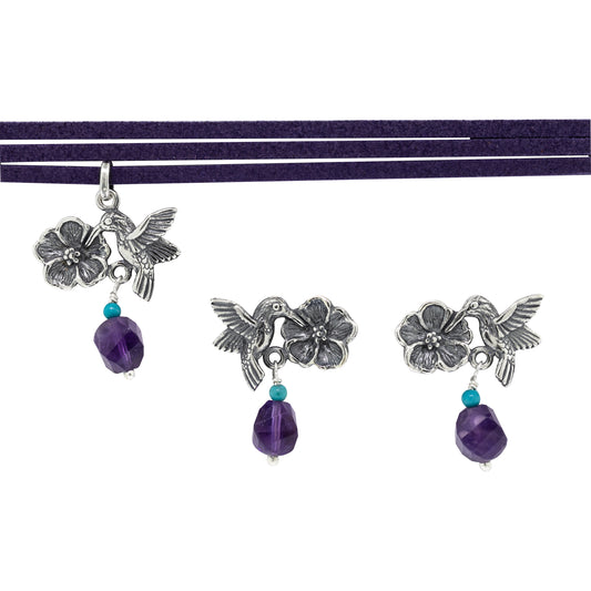 Juego de aretes y dije Colibrí con Flor