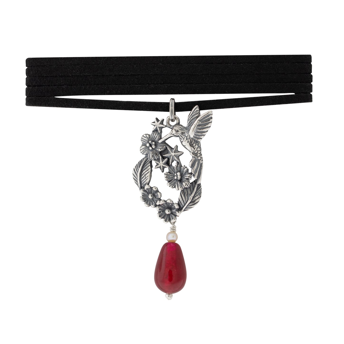 Dije clásico de colibrí con flores y estrellas